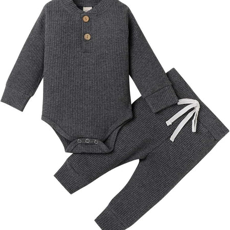 Winter Newborn Baby Boy Girl Clothes Set Ribbed Outfits Unisex Infant Solid Cotton Button Long Sleeve Tops Pants 2PCS