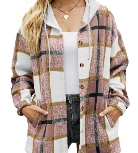 Flannel Shirts for Women Button down Plaid Shirt Hooded Shacket Jacket with Pocket