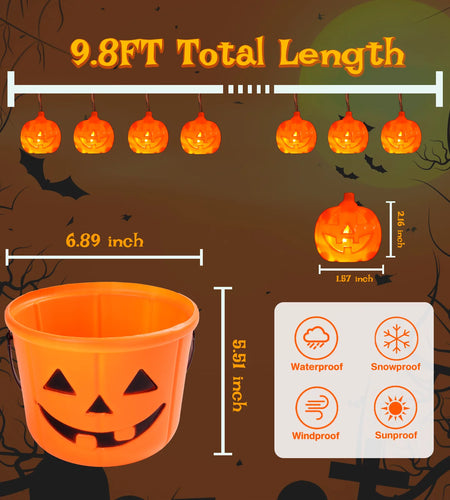 Halloween Pumpkin String Lights with Pumpkin Candy Bucket, 30 LED 16.4Ft, 8 Modes Timer Waterproof Orange Jack-O-Lantern, Outdoor and Indoor Halloween Decorations