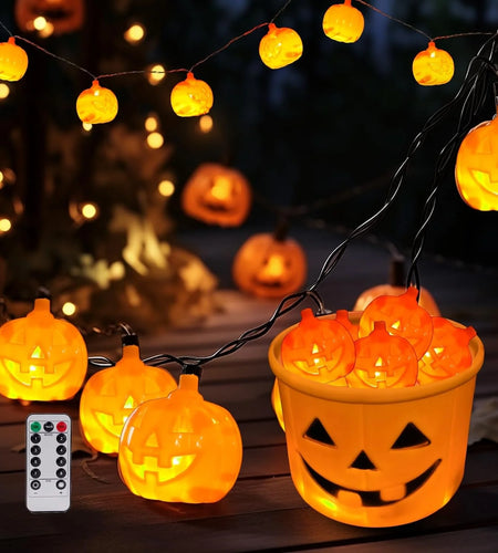 Halloween Pumpkin String Lights with Pumpkin Candy Bucket, 30 LED 16.4Ft, 8 Modes Timer Waterproof Orange Jack-O-Lantern, Outdoor and Indoor Halloween Decorations