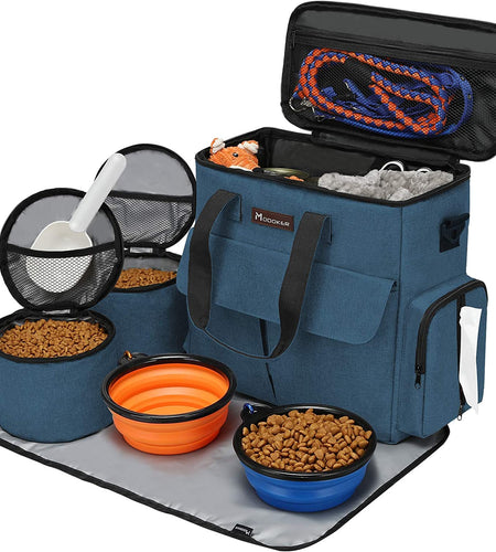 Dog Travel Bag Dog Travel Kit for a Weekend Away Set Includes Pet Travel Bag Organizer for Accessories, 2 Collapsible Dog Bowls, 2 Travel Dog Food Container (Black)