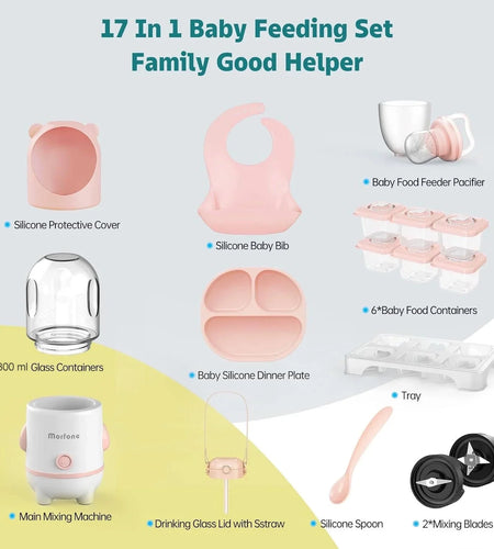 Baby Food Maker, 17-In-1 Baby Food Processor Set for Baby Food, Fruit, Vegatable, Meat, Baby Food Puree Blender with Baby Food Containers, Food Freezer Tray, Silicone Spoons, Spatula (Blue)