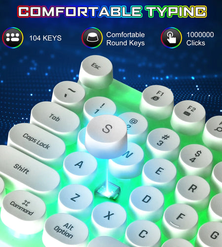 Typewriter Gaming , Retro Punk round Keycaps LED Backlit USB Wired Computer Keyboard for Game and Office, for Windows Laptop PC, Red Switches (White)