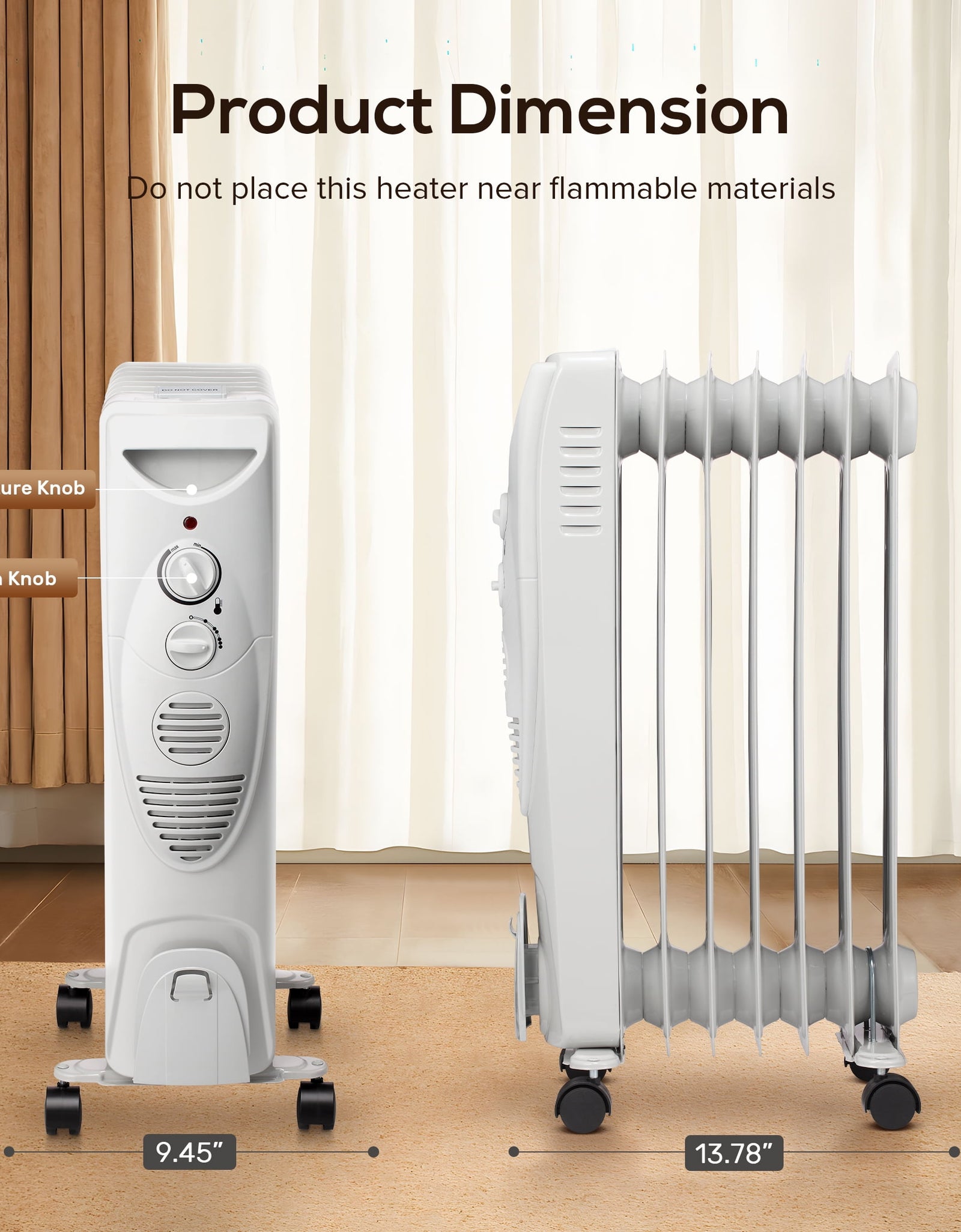 Electric Oil Filled Radiator Space Heater, Thermostat Room Radiant and Room Heater
